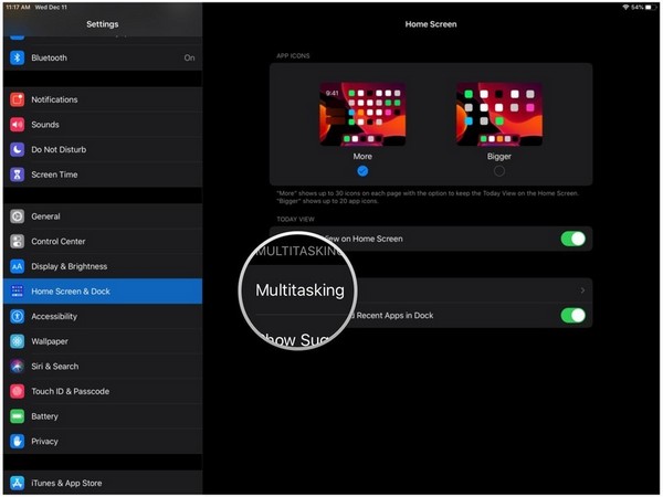 Appuyez sur Multitâche dans la section Multitâche et Dock.