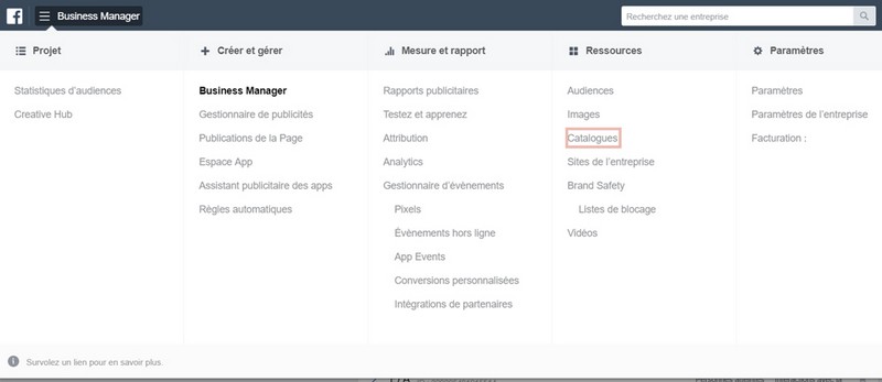 Créer un catalogue Facebook etape 1