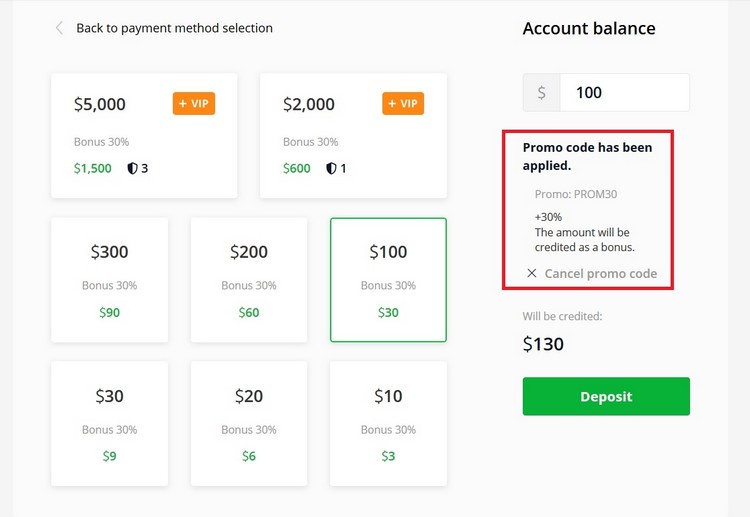 ffectuez un dépôt sur le compte Olymp Trade après avoir activé votre code promotionnel