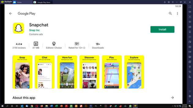 Bluestacks montrant l'interface du Play Store avec l'option d'installation de Snapchat