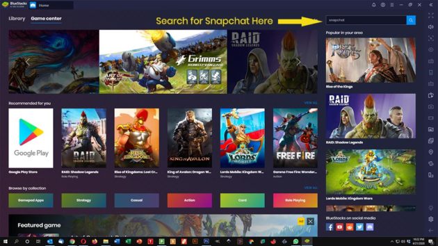 Rechercher Snapchat sur l'interface Bluestacks
