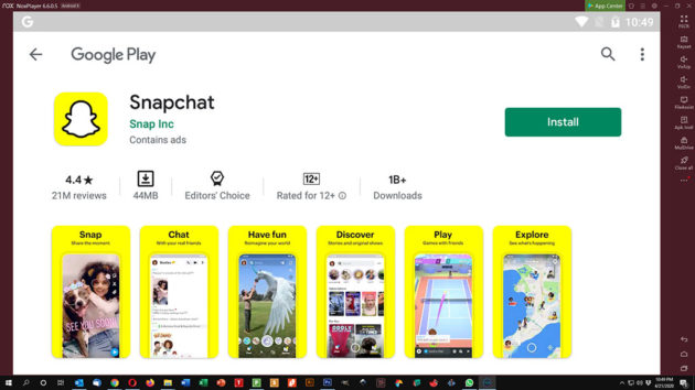 Snapchat sur Google Play Store dans l'interface NoxPlayer