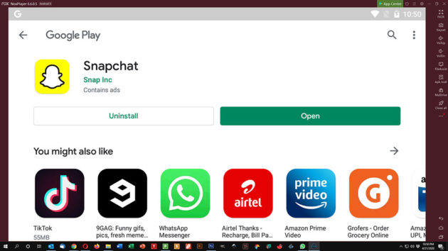 Snapchat installé et prêt pour le lancement.