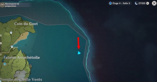 Emplacement où se trouve l'île sans nom dans Genshin impact (flèche rouge)