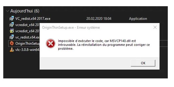 Impossible d'exécuter le code car msvcp140.dll est introuvable.