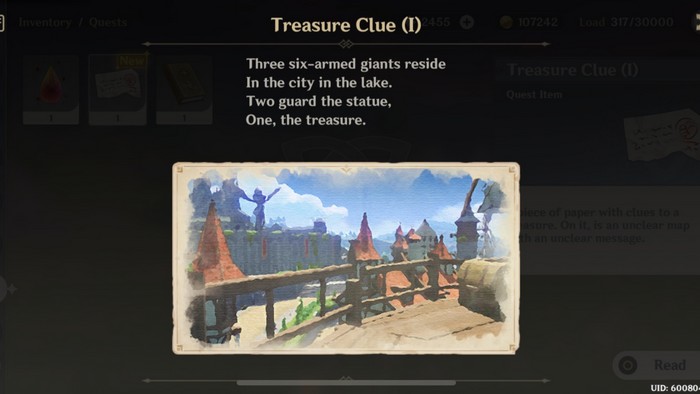 résoudre le mystére Trois géants à six bras résident dans la ville du lac. Deux gardent la statue, Un, le trésor