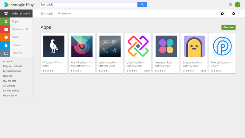 Capture d'écran du Google Play Store pour le pack d'icônes des résultats de recherche