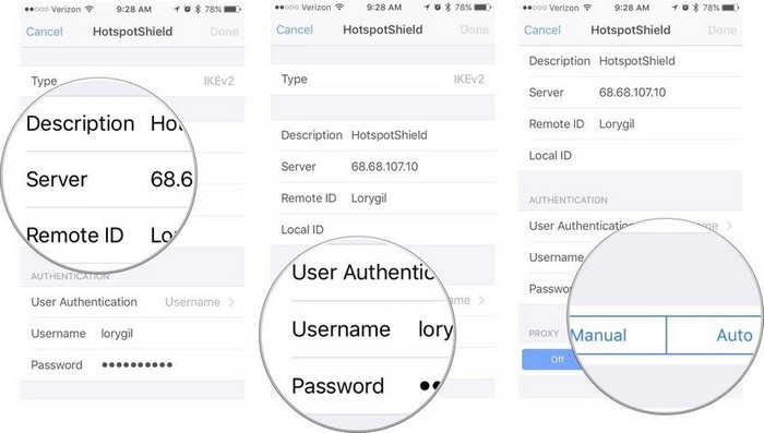 Si vous utilisez un proxy, activez-le en appuyant sur Manuel ou Auto , selon vos préférences