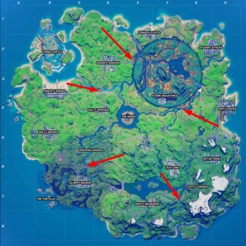 Emplacements des 5 ponts de différentes couleurs à fortnite