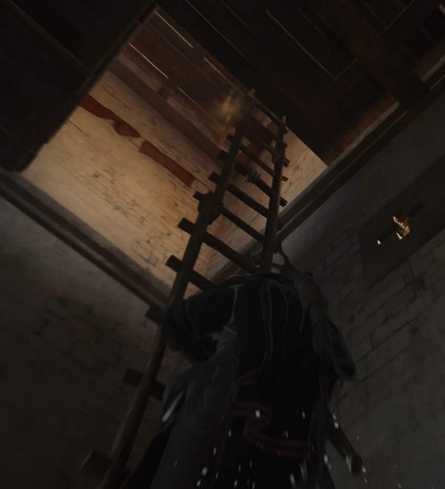 Montez sur l'échelle en bois.