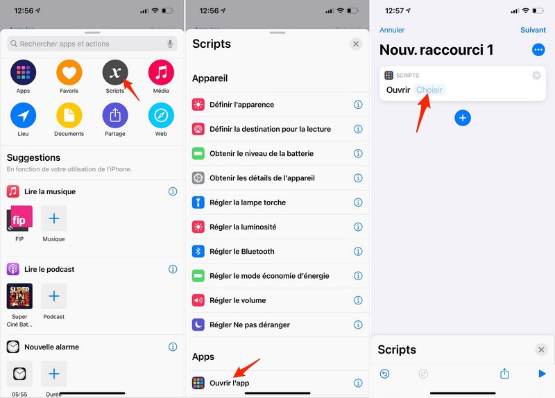Créez un nouveau raccourci, touchez le bouton Scripts puis l'action Ouvrir l'app.