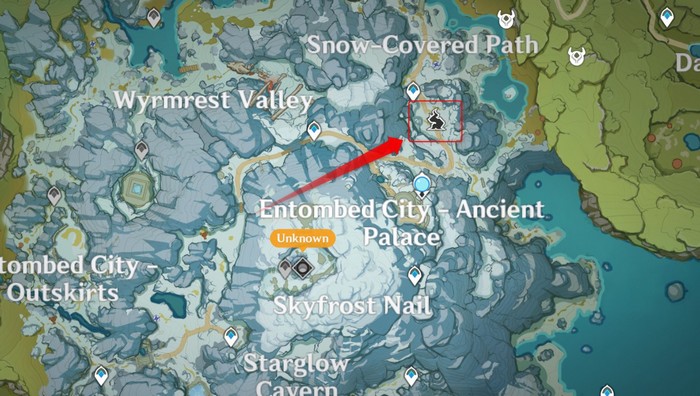 Emplacement de l’Arbre permagelé sur  Monts Dosdragon dans Genshin Impact