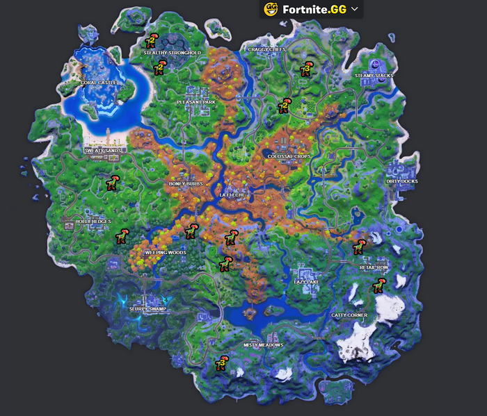 Emplacement des raptors dans Fortnite en saison 6. image : Fortnite.GG 