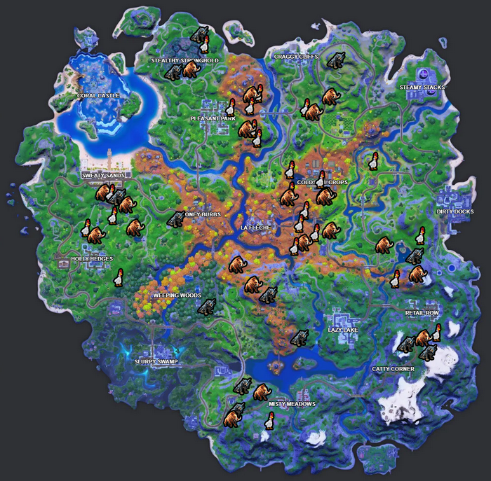 Emplacements des loups, des sangliers et les poules dans Fortnite saison 6