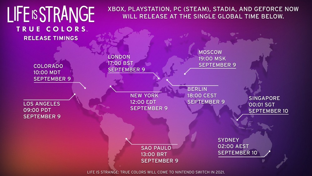 Life Is Strange : True Colors sortira le 9 ou le 10 septembre, selon votre fuseau horaire. Le compte Twitter officiel de Life Is Strange a annoncé l'heure exacte de la sortie de True Colors. Le jeu sortira à 9 heures PDT / 12 heures EDT / 5 heures BST. Consultez la liste complète des heures de sortie dans l'image ci-dessous.