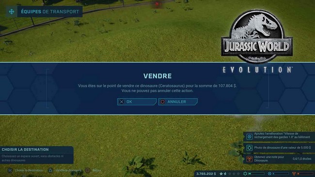 vendre des dinosaures dans Jurassic World Evolution 2
