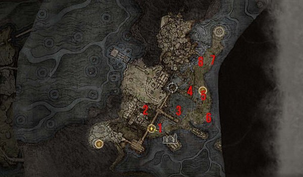 Emplacements des 8 brasiers dans la Siofra de Elden Ring