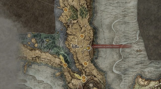 Emplacement de la Faux dans les Catacombes au pied des Falaises Elden Ring