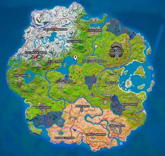 Emplacement pour établir une liaison avec un appareil prés de Tilted Towers dans Fortnite