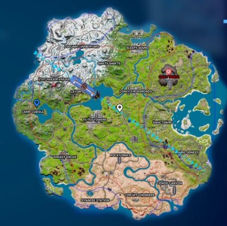 Emplacement pour établir une liaison avec un appareil prés de Camp Cuddle dans Fortnite