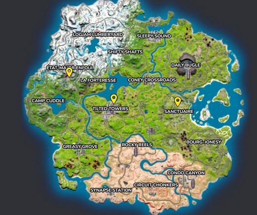 Emplacements Sanctuaire, Tilted Towers et Etat-major enfoui dans Fortnite