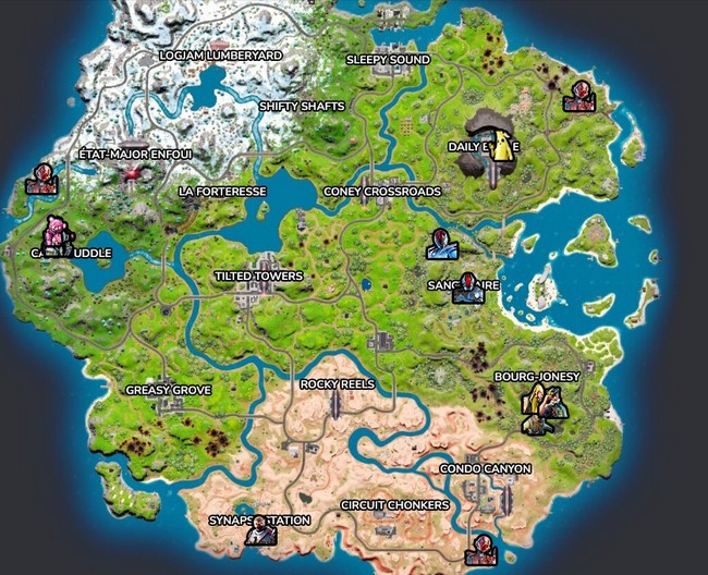 emplacements des PNJs qui vendent des armes exotiques dans Fortnite saison 2 chapitre 3