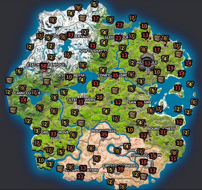 emplacements des coffres dans Fortnite saison 2 chapitre 3