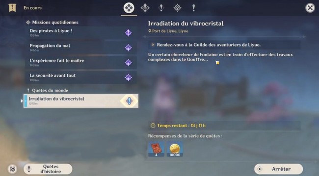 quête Irradiation du vibrocristal genshin impact
