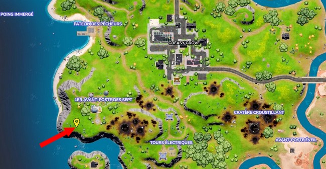 Emplacement jeton de Gain de niveau au sud ouest de Greasy Grove Fortnite Chapitre 3 Saison 2