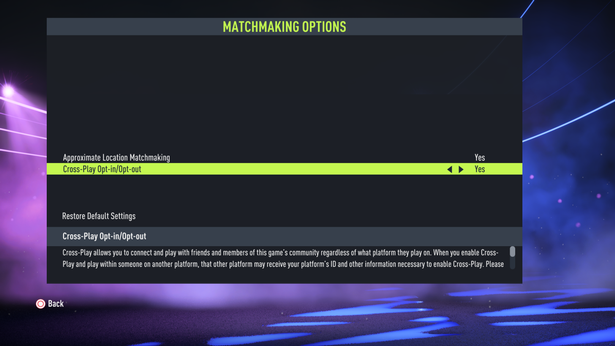 options Matchmaking crossplay fifa 22