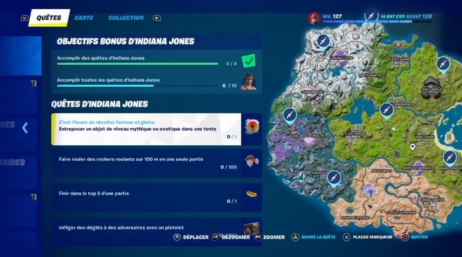 Entreposer un objet de niveau mythique ou exotique dans une tente, quête Indiana Jones Fortnite