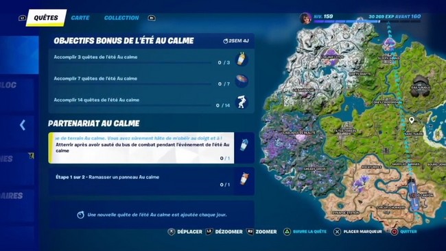 atterrir après avoir sauté du bus de combat pendant l'événement de l'été Au calme fortnite
