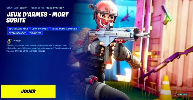 Code de l'île Jeux d'armes - Mort subite Fortnite