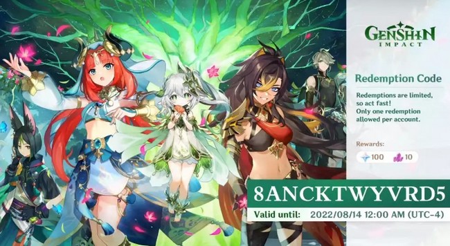 codes actifs en Août 2022 pour Genshin Impact