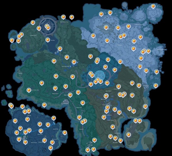 emplacements de tous les Nucléus Or sur la carte du Tower of Fantasy