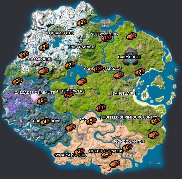 emplacements petites voitures dans Fortnite