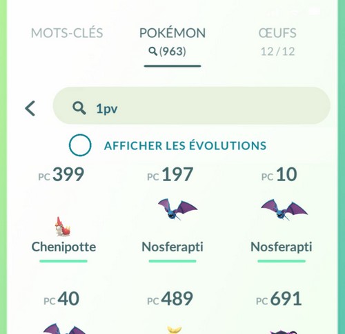 filtre IV PV Pokemon GO
