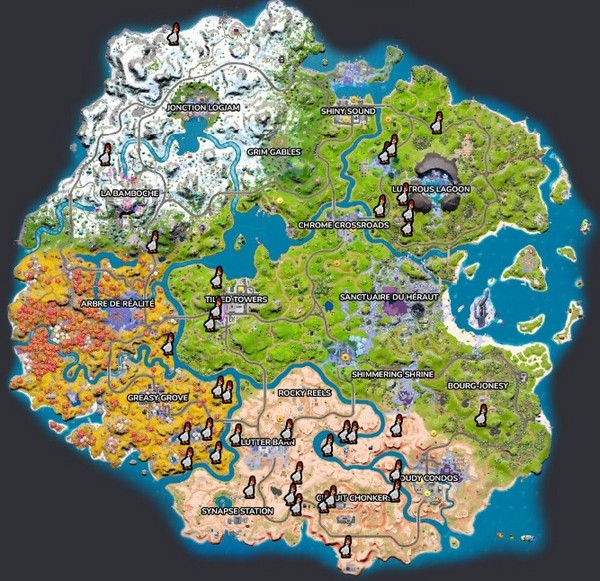 Emplacements des poules zombies sur Fortnite