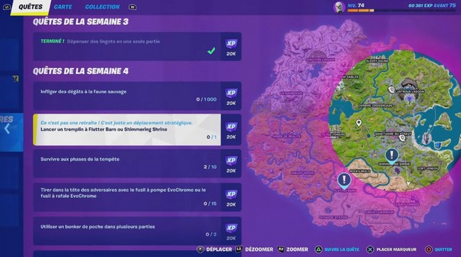 Lancer un tremplin à Flutter Barn ou Shimmering Shrine dans Fortnite defi semaine 4