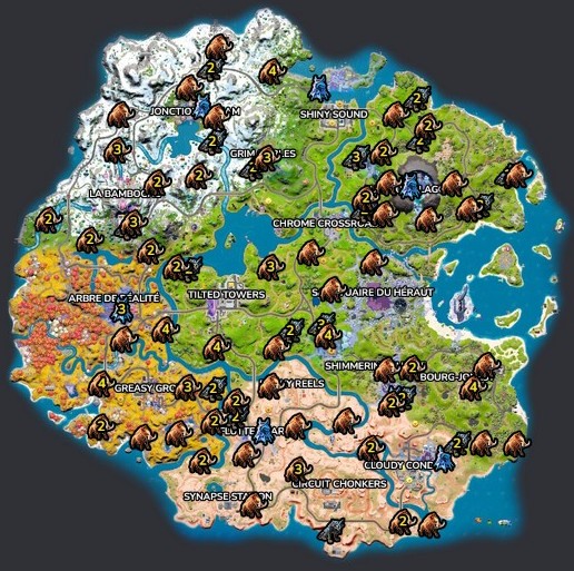 Emplacements des faunes sauvages dans Fortnite saison 4 du chapitre 3