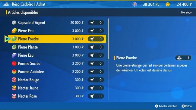 acheter une Pierre Foudre dans Pokémon Écarlate et Violet