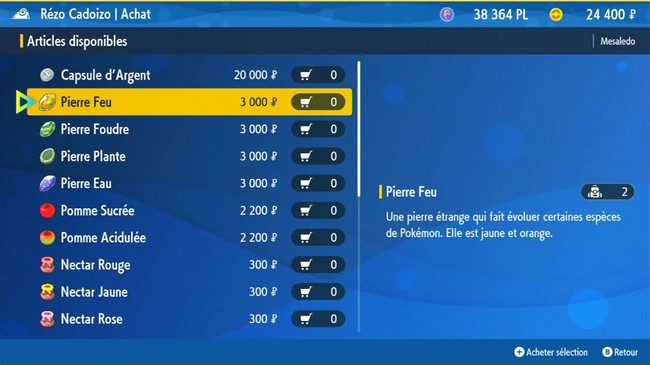 acheter une pierre feu dans Pokémon Écarlate et Violet