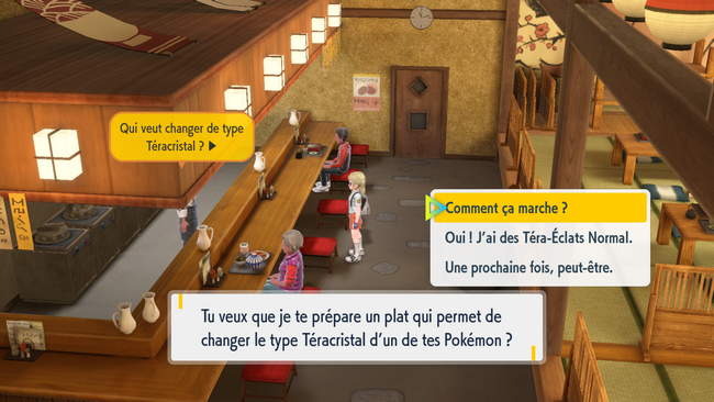 Visitez le restaurant du trésor à Mezclamora pour changer le type Téracristal de votre Pokémon contre 50 Téra-Éclats du type que vous voulez changer