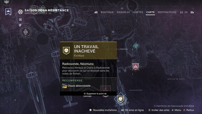 Quête un travail inachevé Destiny 2 saison 20