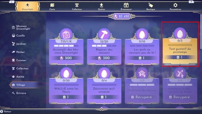 le défi "Test gustatif de printemps" dans Disney Dreamlight Valley