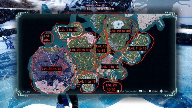 Carte des niveaux des ennemis par zone dans Palworld 