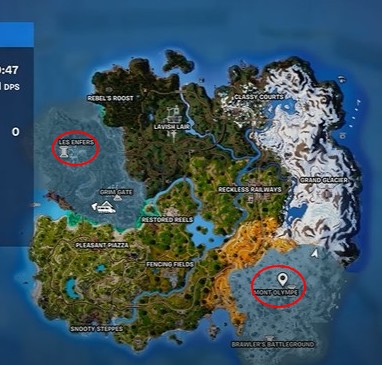 emplacement coffre de l'Olympe et un coffre des Enfers dans Fortnite Chapitre 5 Saison 2