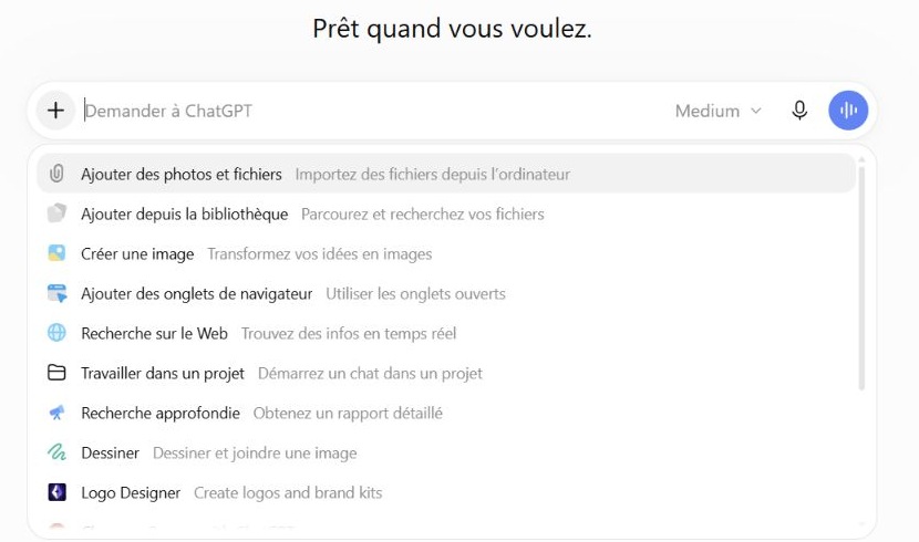 Le menu Ajouter des photos et fichiers permet de sélectionner un document depuis l’ordinateur.