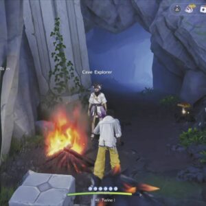 Entrée des Cavernes Cristallines près d’un personnage et d’un feu dans Aniimo
