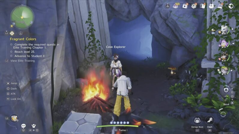 Entrée des Cavernes Cristallines près d’un personnage et d’un feu dans Aniimo